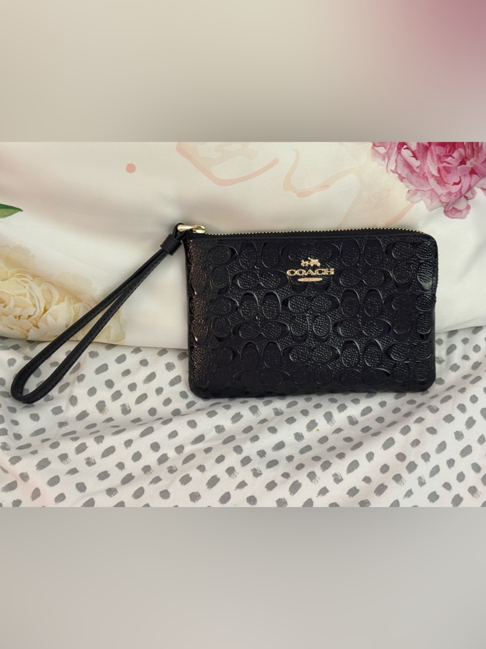 Coach Black Embossed Leather Wristlet with Gold Tone Logo